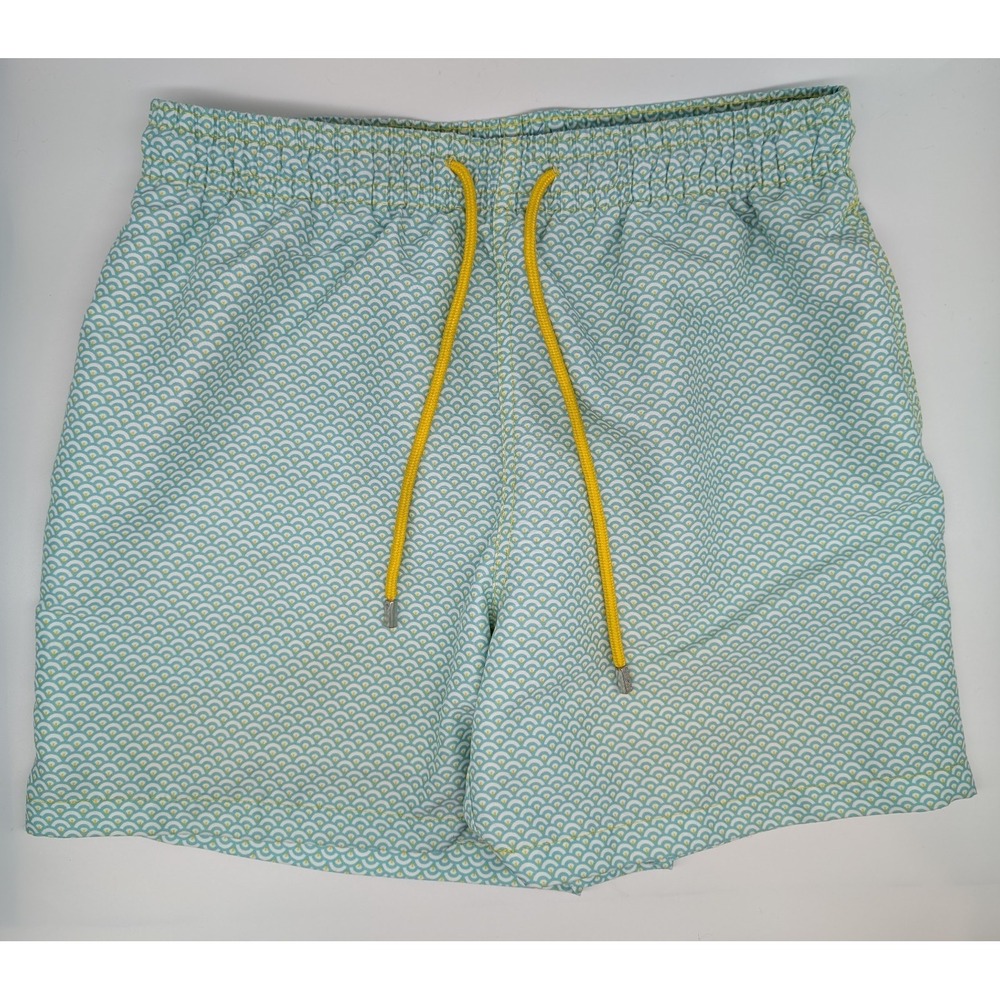Men's Light Green Patterned Swim Trunks with Yellow Drawcord
